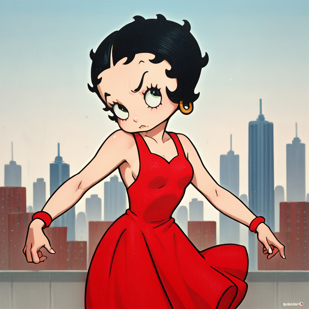 score_9, score_8_up, score_7_up, score_6_up, score_5_up, score_4_up, source_anime,  BettyBoob, flat color, red dress, black hair, meme, city, action pose