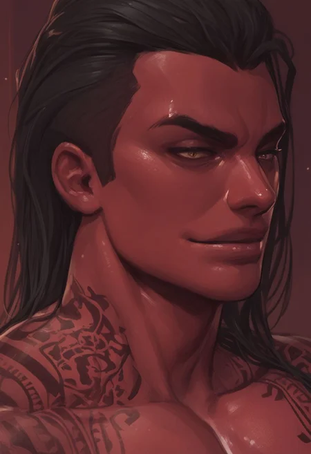 score_9, score_8_up, score_7_up, score_6_up, close up portrait, 1boy, SOC_Andr4s, red skin, black hair, tattoos,