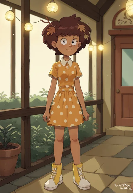 score_9, score_8, score_7, score_6,
triplevexx, solo, anneboonchuy, brown hair, dark-skinned female, leaf hair ornament, short hair
Outfit: A retro polka dot dress with a cinched waist and a pair of classic Mary Jane shoes.
Scenery: A quaint café with outdoor seating, surrounded by potted plants and fairy lights strung overhead.
Lighting: Soft, warm light from the café’s lanterns, creating an inviting and cozy ambiance.