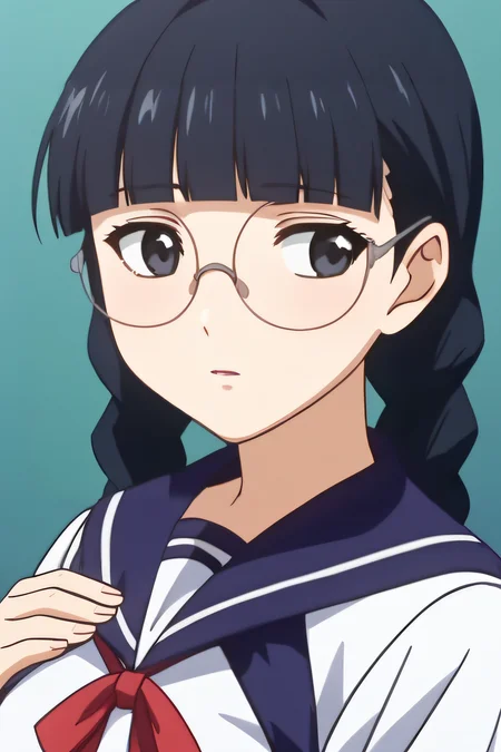score_9, score_8_up, score_7_up, source_anime, rating_safe, intricate details, anime screencap, official style, 1girl, solo, <lora:Kurata_Nao:1>, kuratanao, black hair, black eyes, blunt bangs, twinbraids, glasses, school uniform, sailor collar, short sleeves, red ribbon, looking away, expressionless, sad expression, indoor, blush, upper body, parted lips, hand up, hand on chest