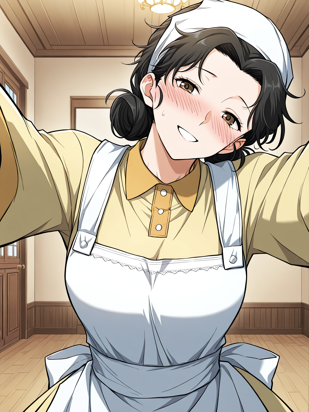 <lora:Emily__The_Greatest_Estate_Designer__Illustrious:1>
1 girl, solo, brown eyes, black hair, hair bun, double bun, short hair, bangs,
shirt, yellow shirt, white apron, head scarf, long sleeves, 
score_9, score_8_up, score_7_up, score_6_up, source_anime, rating_explicit, 1girl, solo, smile, embarrassed, alcalose eyes, open mouth, mansion, indoors, looking at viewer, outstretched arms, pov, close-up, (head tilt:1.2)