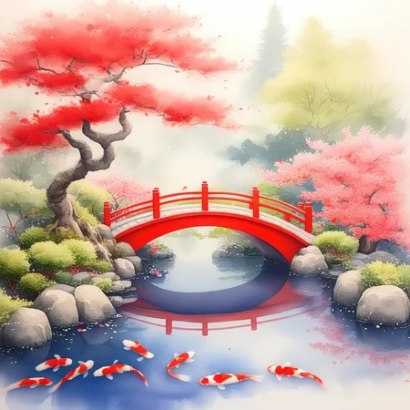 masterpiece, best quality, ArsMJStyle, Watercolor A serene Japanese garden with a red bridge over a koi pond, surrounded by cherry blossoms and carefully pruned bonsai trees.