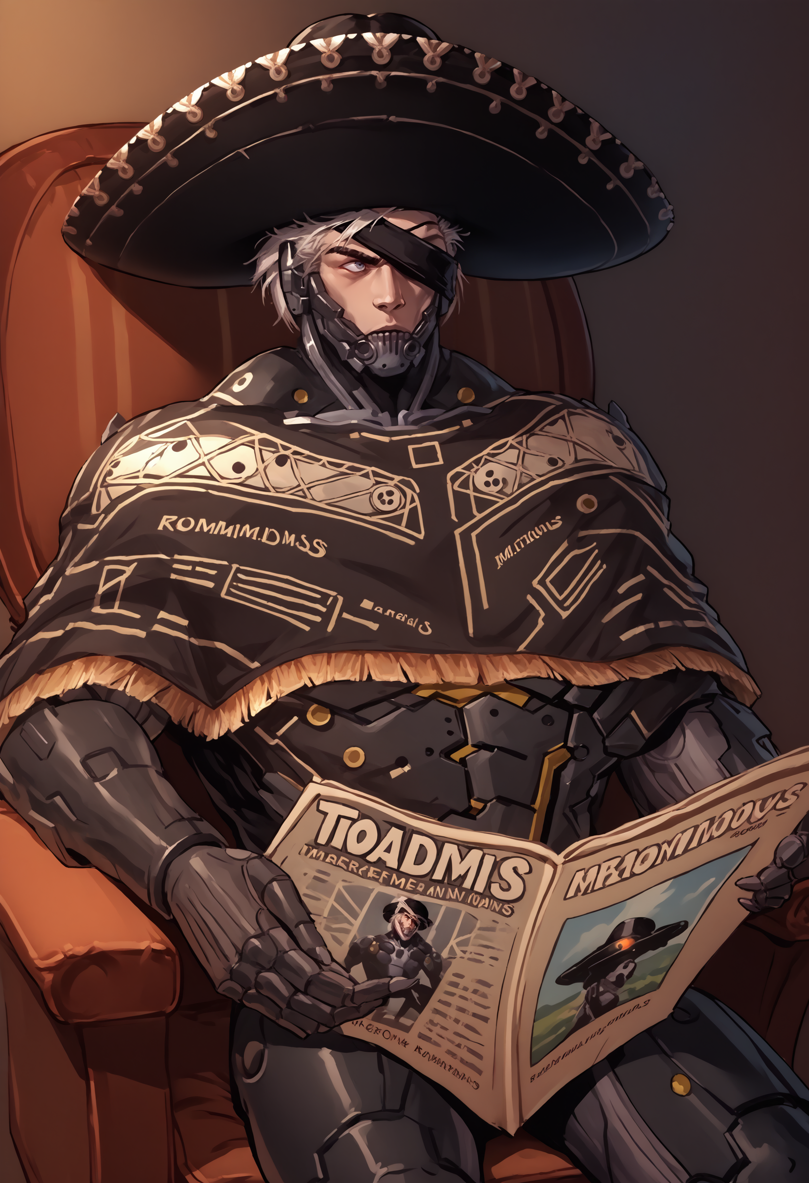 score_9, score_8_up, score_7_up, source_anime, TomReadingTheNewspaper, sitting, newspaper, chair, reading, <lora:TomReadingTheNewspaper_XLPD:1>, 1boy, <lora:RaidenMGR_XLPD:1>, RaidenMGRSombrero, hat, cyborg, bodysuit, eyepatch