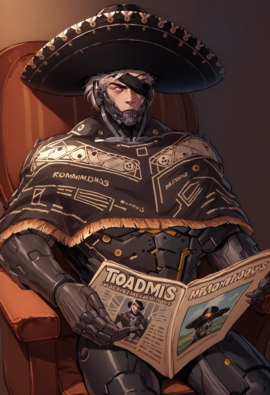 score_9, score_8_up, score_7_up, source_anime, TomReadingTheNewspaper, sitting, newspaper, chair, reading, <lora:TomReadingTheNewspaper_XLPD:1>, 1boy, <lora:RaidenMGR_XLPD:1>, RaidenMGRSombrero, hat, cyborg, bodysuit, eyepatch