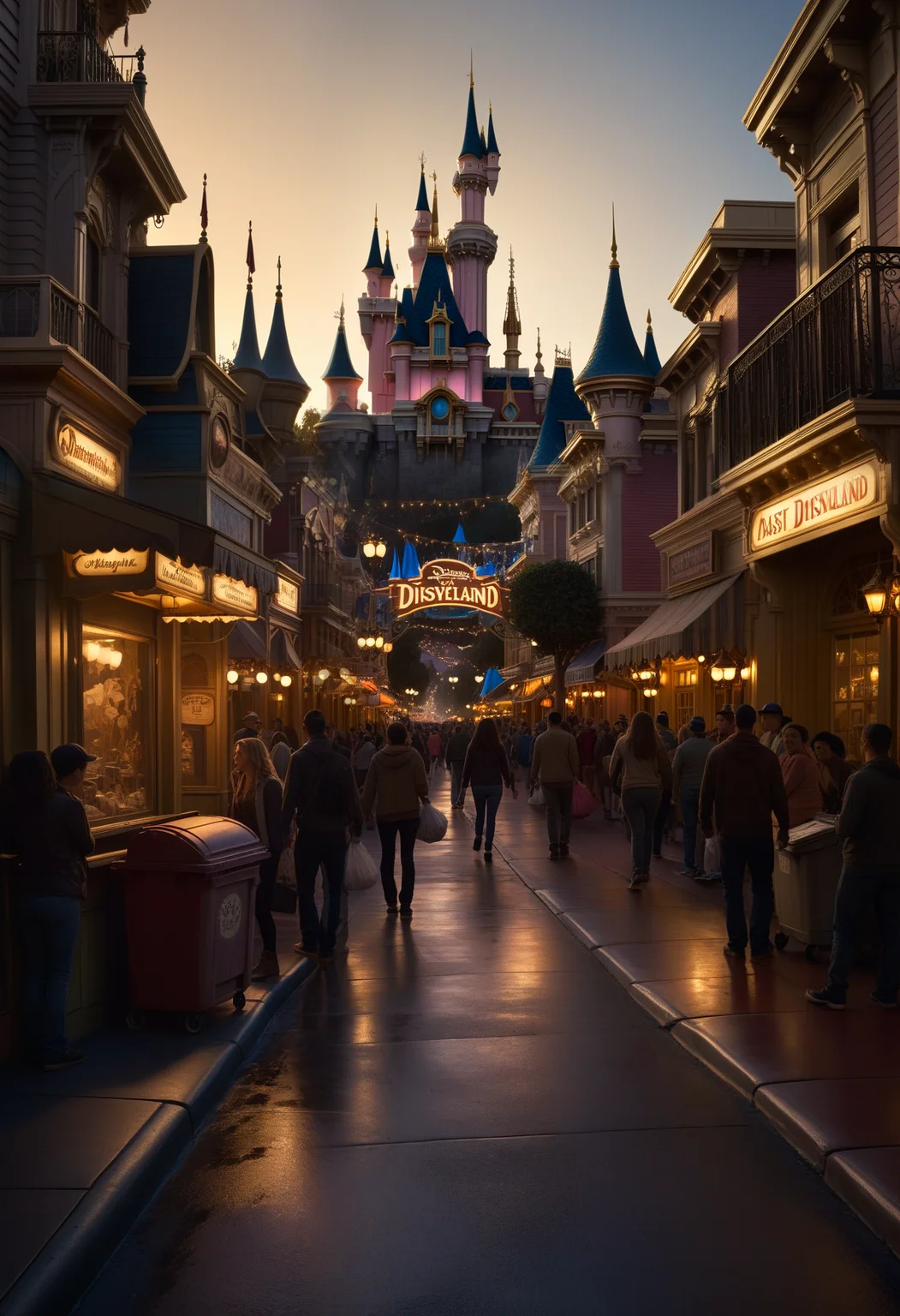 high quality photo of main street at disneyland, trash, dirty, crowded photorealistic, extremely detailed, cinematic lighting,   <lora:zavy-cntrst-sdxl:0.5> dark, chiaroscuro, low-key,