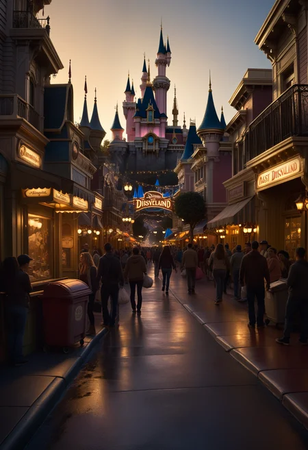high quality photo of main street at disneyland, trash, dirty, crowded photorealistic, extremely detailed, cinematic lighting, <lora:zavy-cntrst-sdxl:0.5> dark, chiaroscuro, low-key,