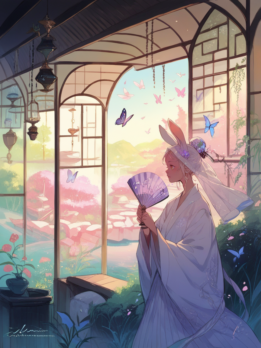 score_9, score_8_up, score_7_up, score_6_up, score_5_up,  <lora:1llum1XLP:1> 1llum1, scenery, fruit, rabbit ears, butterfly, veil, holding cup, wide sleeves, portrait, flower, aquarium, dragon, holding fan, 1girl,