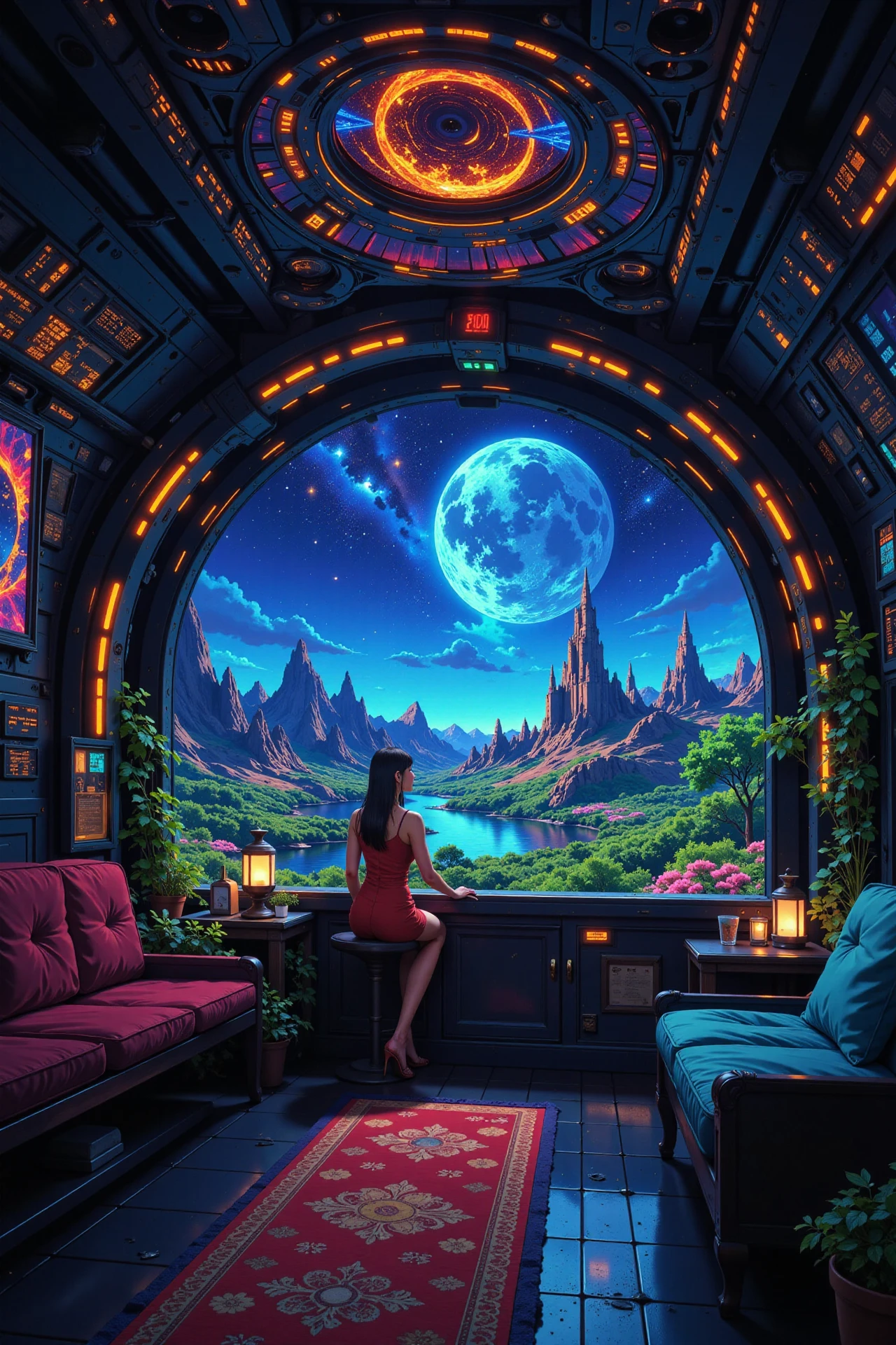 spacecraft interior beautiful  landscape, evening, woman, very intricate, very detailed, sharp, bright, colorful, <lora:Hand v2:0.5> <lora:Anti-Blur:1><lora:Insane Detail Slider:0.25>  <lora:flux.1_lora_flyway_Epic-detail_v2:0.3> <lora:fluxenhancer:0.25> <lora:ROWER:0.8>  <lora:Anime_style:0.6> anime style