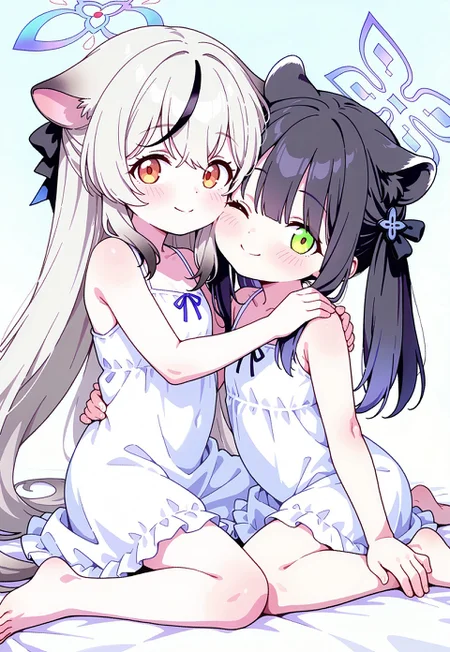 anime coloring, (glowing), absurdres, best quality, amazing quality, full body, hand on another's shoulder, hand on another's waist, hug, sitting, wariza, looking at viewer, cheek press, 2girls,(multiple girls:1.3), tiger girl, tiger ears, kokona \(blue archive\), shun \(small\) \(blue archive\), smile, blush, one eye closed, alternate costume, white dress, flat chest, petite, barefoot, gradient background,(light blue background:1.2), white background