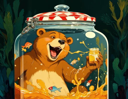 horror style <lora:bear:1>, This is a digital illustration featuring a cheerful anthropomorphic bear inside a large, clear glass jar filled with honey. The bear, with a warm brown fur coat and a light beige underbelly, is depicted with a wide, joyful smile and open mouth, as if it's about to say something or laugh. The bear is holding a small jar of honey in its right paw, with honey dripping from its mouth and the jar, creating a dynamic, lively scene. The honey within the jar is depicted as a vibrant yellow color, with bubbles and splashes adding to the sense of motion. The jar is sealed with a red and white checkered lid, secured with a metal clasp. The background is a serene underwater scene, with various colorful fish and plants visible through the glass, enhancing the whimsical and playful atmosphere. The overall style is cartoonish, with smooth, rounded edges and a bright, cheerful color palette. The texture of the bear's fur and the honey are rendered with a smooth, glossy finish, giving the image a polished and vibrant look. . dark, eerie, gothic, macabre