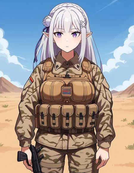 score_9, score_8_up, score_7_up, source_anime, <lora:rezero-emilia-s1s2-ponyxl-lora-nochekaiser:1>, emilia, braid, crown braid, flower, hair flower, hair ornament, hair ribbon, long hair, pointy ears, purple eyes, white hair, x hair ornament, medium breasts,, <lora:military-combat-uniform-ponyxl-lora-nochekaiser:1> military combat uniform, camouflage jacket, camouflage, load bearing best, camouflage pants, soldier, bulletproof vest, combat helmet, assault rifle, rifle,, desert, sun, blue sky,, cowboy shot,
