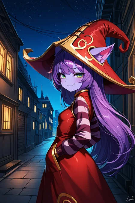 masterpiece, best quality, 1girl, solo, 21 year old model, eyelashes, (beautiful eyes), ,,, <lora:LuluLeagueoflegendsIXL:1.0>, zzLulu, long hair, bangs, animal ears, green eyes, purple hair, colored skin, purple skin, long sleeves, hat, dress, red dress, red headwear, ears through headwear, striped sleeves, yordle,,,, stars, night, luminescent background, city, back alley, smug, hands in pockets, smile, looking at viewer, shiny skin, <lora:princess_xl_v2:0.3>,