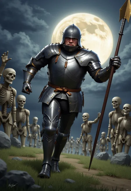 score_9, score_8_up, score_7_up, Ultra detailed digital art masterpiece, 1man, short, fat, funny, knight, wearing shiny full plate armor, helmet, throwing a lance, running, motion lines, afterimage, night, full moon, cemetery background, skeletons raising from the graves, dramatic, atmospheric, intricate details, darkly comedic, close-up, hyper detailed, sharp focus, ultra detailed atmospheric details,