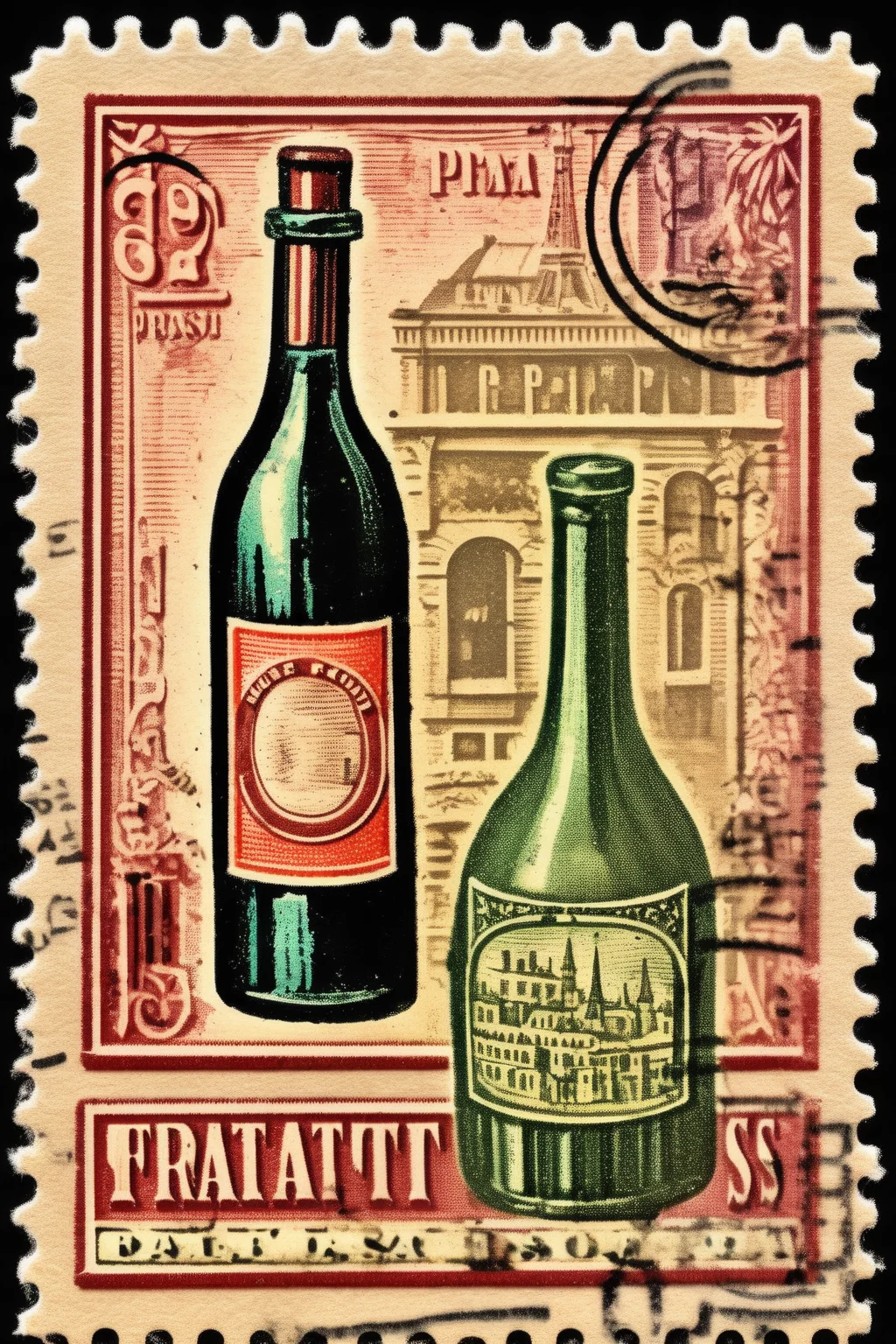 <lora:Vintage Postage Stamps:1>Vintage Postage Stamps - a vintage Parisian postage stamp with multiple postmarks featuring a wine bottle