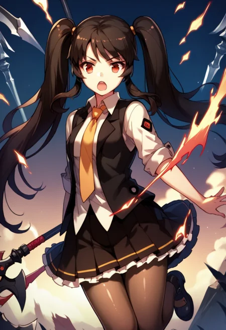score_9,score_8_up,score_7_up,source_anime, Lily Bloommerchen,1girl,solo,long hair,open mouth,skirt,brown hair,black hair,red eyes,twintails,weapon,pantyhose,necktie,polearm,scythe,