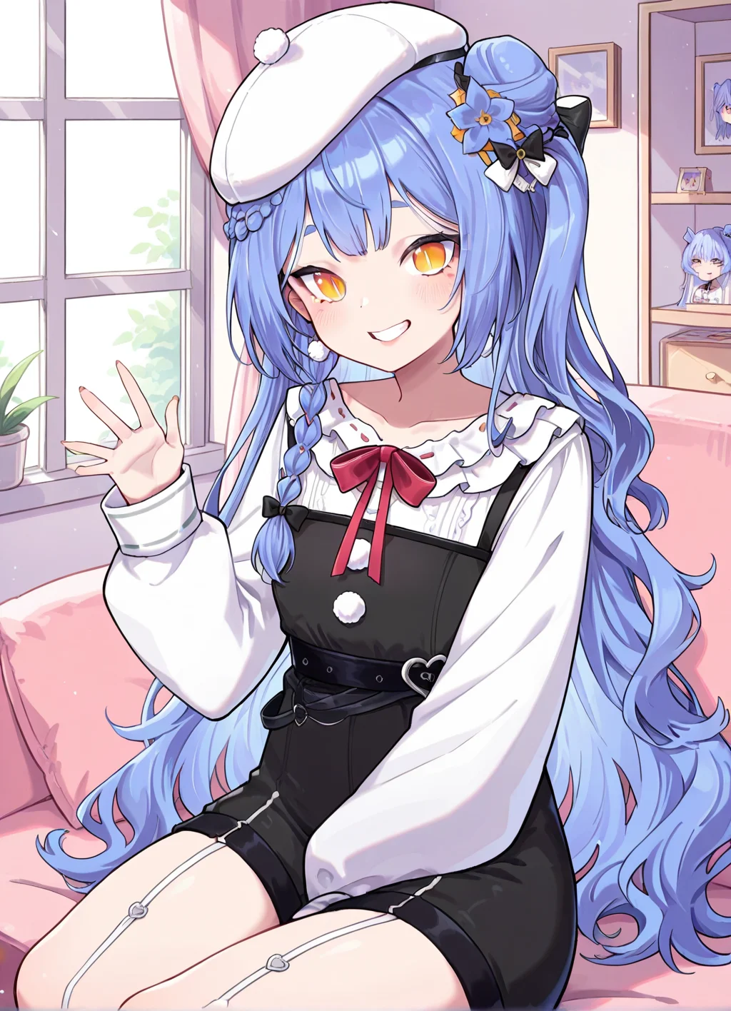 masterpiece, best quality, 1girl, sitting, indoors, azusavirtuareal, blue hair, virtual youtuber, long hair, smile, hat, braid, slit pupils, <lora:AzusaVirtuaReal:0.8>