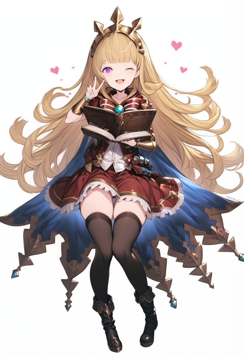 masterpiece, best quality, ultra-detailed, beautiful, nai3, 1girl, solo, full_body, tachi-e, 
cagliostro \(granblue fantasy\), 1girl, ;d, arm guards, black footwear, black thighhighs, blonde hair, blunt bangs, blush, book, boots, bracelet, cape, full body, glowing, heart, holding, holding book, jewelry, knee boots, knees together feet apart, liquid, long hair, looking at viewer, one eye closed, open book, open mouth, purple eyes, red ribbon, red skirt, ribbon, signature, simple background, skirt, smile, solo, test tube, thighhighs, v, very long hair, white background