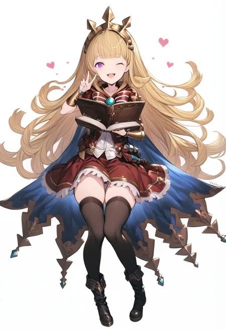 masterpiece, best quality, ultra-detailed, beautiful, nai3, 1girl, solo, full_body, tachi-e, 
cagliostro \(granblue fantasy\), 1girl, ;d, arm guards, black footwear, black thighhighs, blonde hair, blunt bangs, blush, book, boots, bracelet, cape, full body, glowing, heart, holding, holding book, jewelry, knee boots, knees together feet apart, liquid, long hair, looking at viewer, one eye closed, open book, open mouth, purple eyes, red ribbon, red skirt, ribbon, signature, simple background, skirt, smile, solo, test tube, thighhighs, v, very long hair, white background