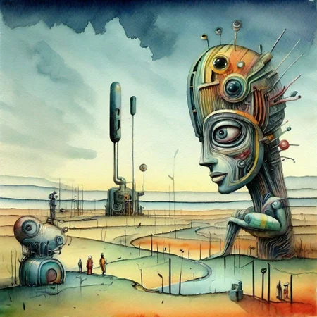 surreal, expressive,biomorph,,watercolour,primary but complimentary  colours ,epic futuristic ,landscape  , inhabited by bio trans sapients ,masterpiece, 8k , tilt shift