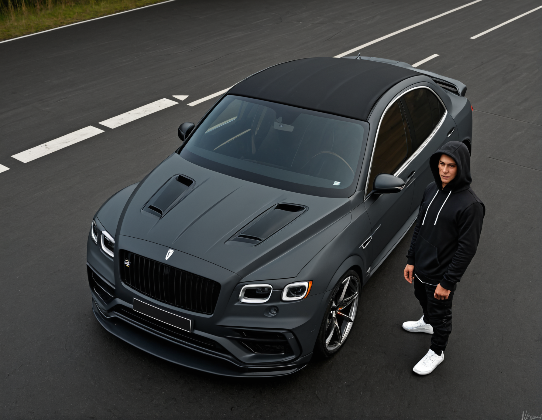 concept art <lora:Zoom_Cars:1>,Cornelisz Hendriksz Vroom,, a person standing next to a car with a hood up and a hood up on it's hood [19], . digital artwork, illustrative, painterly, matte painting, highly detailed