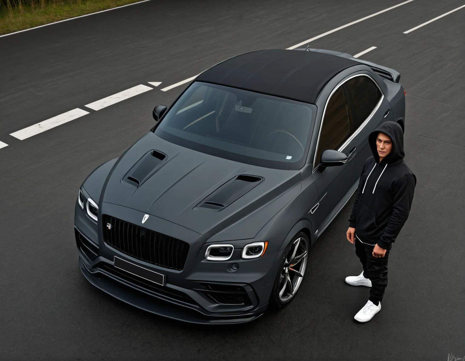 concept art <lora:Zoom_Cars:1>,Cornelisz Hendriksz Vroom,, a person standing next to a car with a hood up and a hood up on it's hood [19], . digital artwork, illustrative, painterly, matte painting, highly detailed