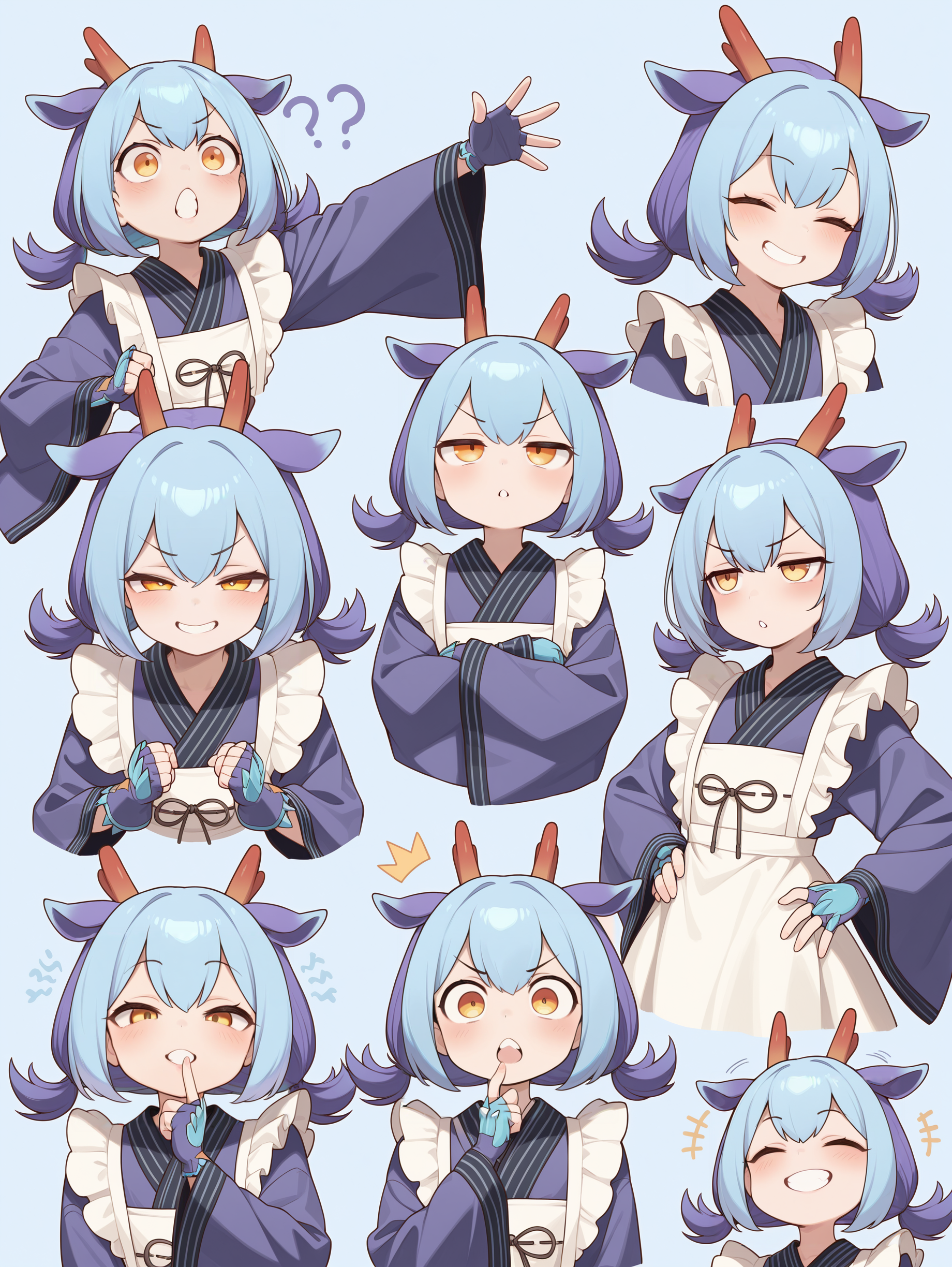 dragon girl,laundry dragonmaid,1girl,blue maid outfit,blue fingerless gloves,multiple views,blue background,v-shaped eyebrows,open mouth,??,^^^,clenched teeth,:o,evil smile,smug,o_o,half-closed eye,finger to mouth,clenched hand,:<,:),|_|,@_@,^_^,+_+,=_=,
masterpiece,best quality,amazing quality,very aesthetic,apussbsurdres,newest,<lora:laundry dragonmaid & eldlich the golden lord illuXL v1:0.75>,