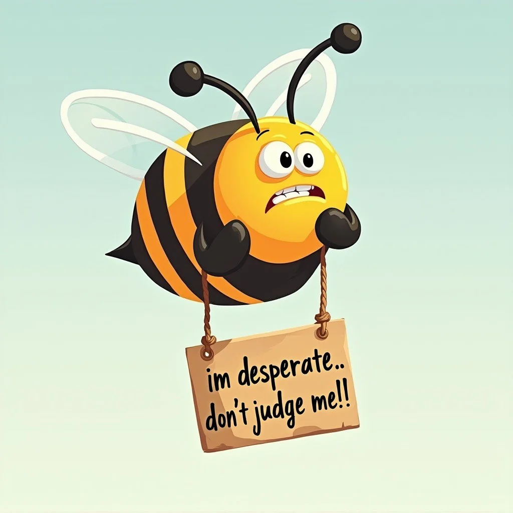 a cartoon bee flying with a strained look on his face, he has a sign attached below him y a rope, the sign says ....im desperate. dont judge me!