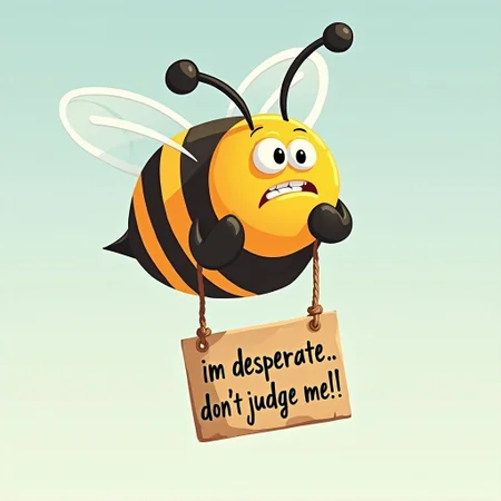 a cartoon bee flying with a strained look on his face, he has a sign attached below him y a rope, the sign says ....im desperate. dont judge me!