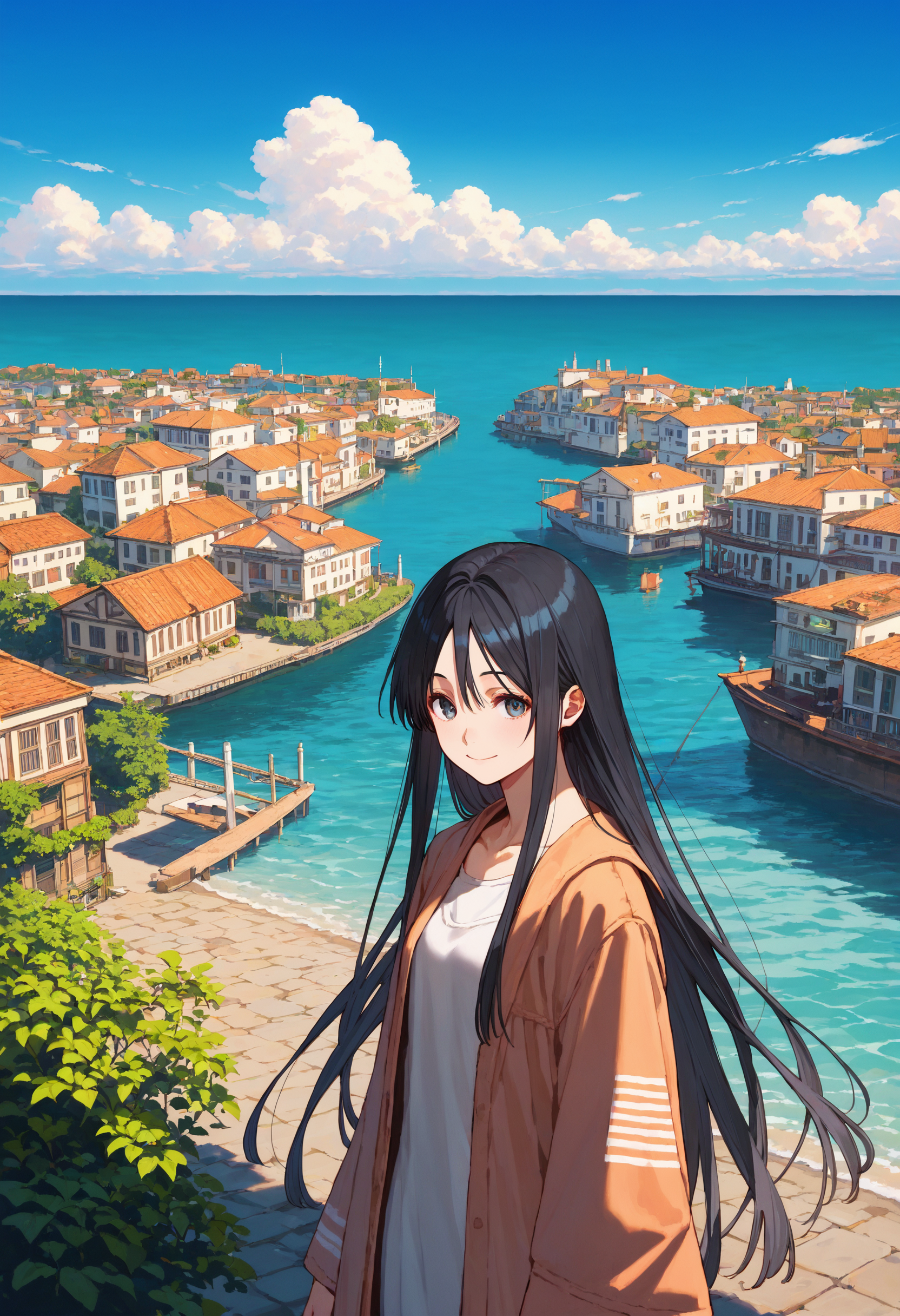 score_9, score_8_up, score_7_up, masterpiece, best quality, very aesthetic, absurdres,
<lora:Amano_Kozue_å¤©éããã_Style_Pony-000010:0.8> (amano_kozue:1.2), aria \(manga\), 
1girl, solo, black hair, long hair, clear eyes, gentle smile, 
blue sky, ocean, port  town,