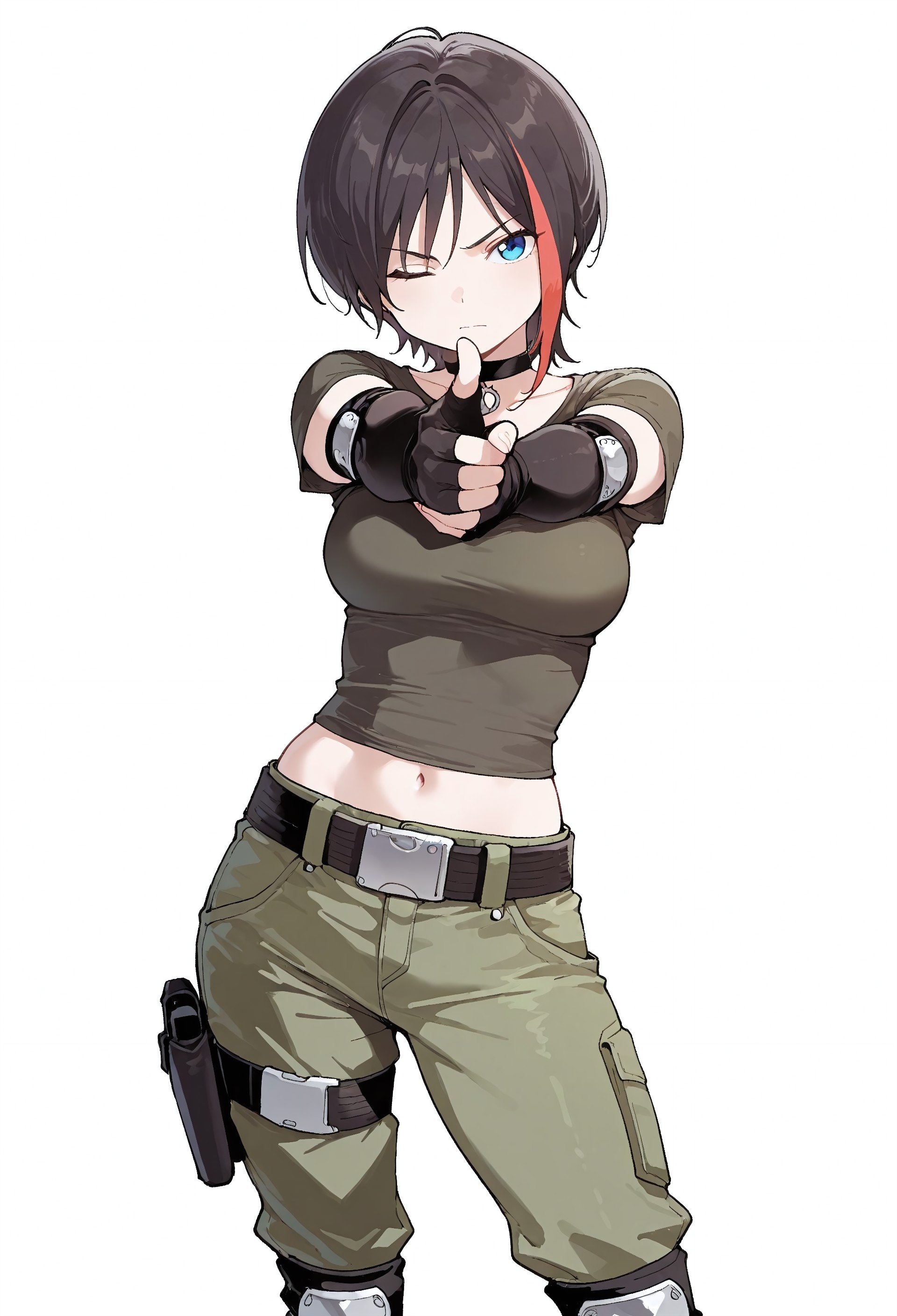 masterpiece, best quality, amazing quality, absurdres, 

drag0n_captur3_m3an, 1girl, solo, multicolored hair, streaked hair, black hair, red hair, short hair, blue eyes, collarbone, medium breasts, midriff, navel, choker, green shirt, short sleeves, elbow gloves , elbow pads, black gloves, fingerless gloves, mma gloves, green pants, belt, holster, knee pad, leg straps, black footwear, combat boots, 

finger gun, aiming at viewer, standing, one eye closed, serious, simple background, white background, 