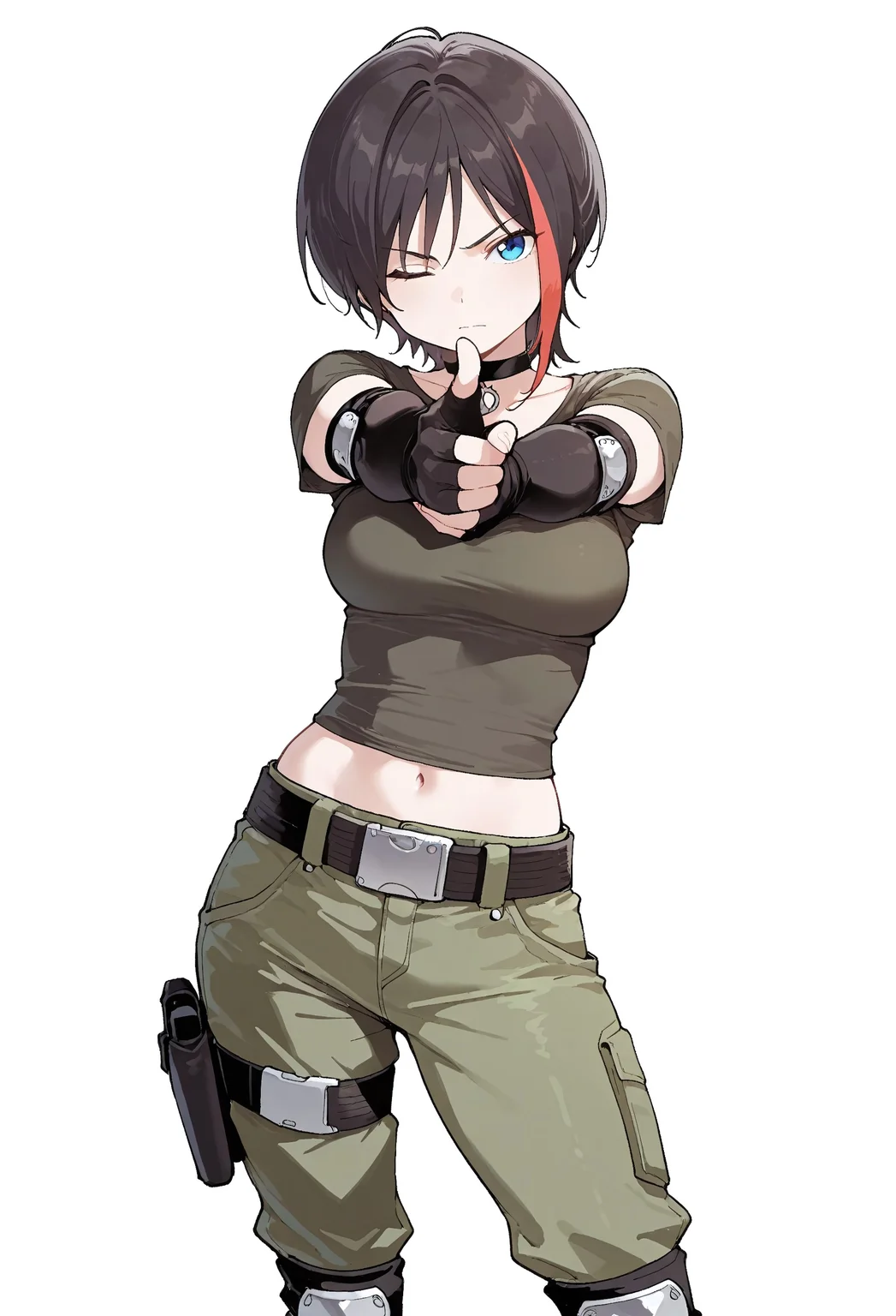 masterpiece, best quality, amazing quality, absurdres,
drag0n_captur3_m3an, 1girl, solo, multicolored hair, streaked hair, black hair, red hair, short hair, blue eyes, collarbone, medium breasts, midriff, navel, choker, green shirt, short sleeves, elbow gloves , elbow pads, black gloves, fingerless gloves, mma gloves, green pants, belt, holster, knee pad, leg straps, black footwear, combat boots,
finger gun, aiming at viewer, standing, one eye closed, serious, simple background, white background,