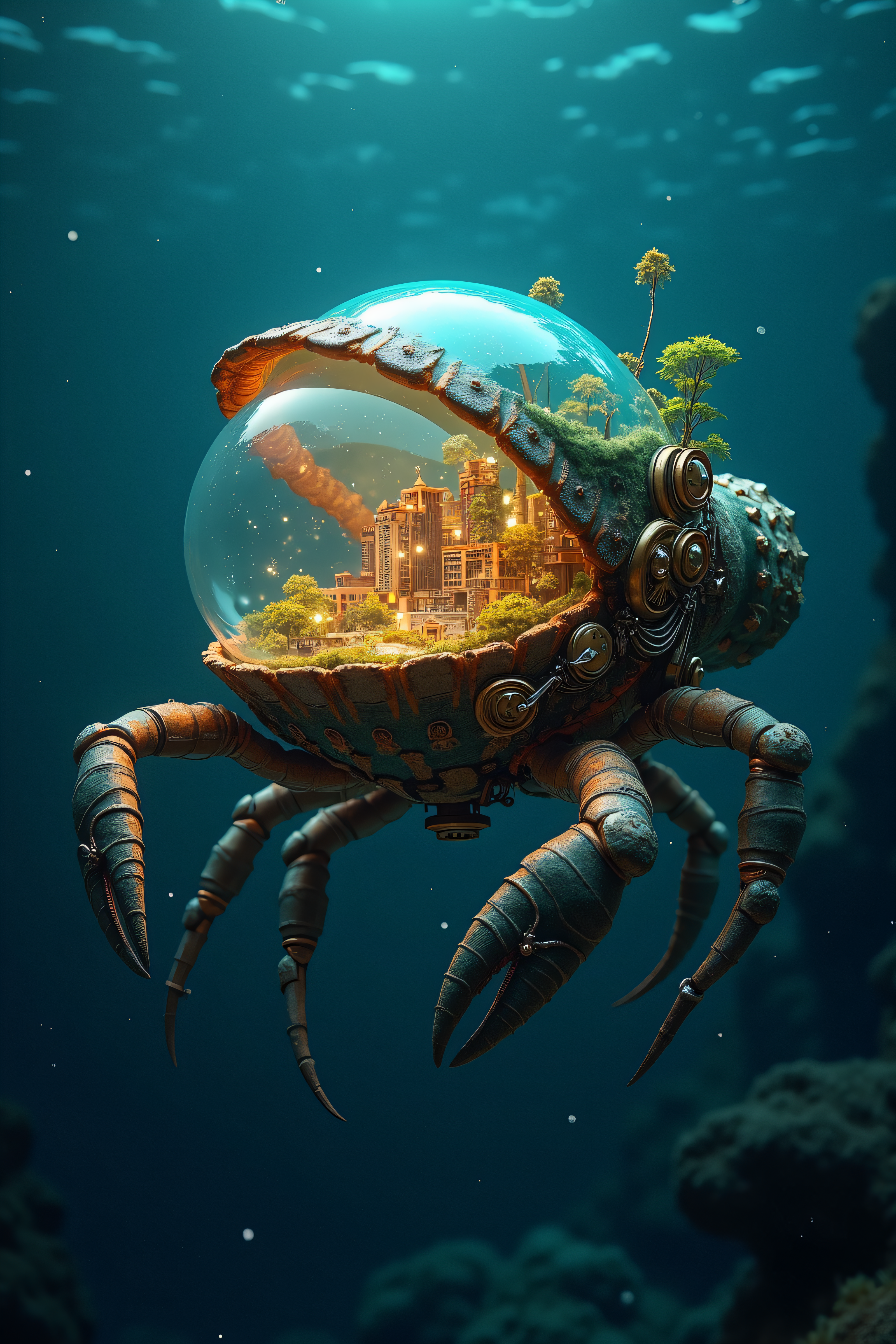 national geographic photography of a crab that is swimming in the dark ocean, he transport a glass terrarium with a miniture city in his head, realistic, mechanical vegetal cyborg, futuristic robot organisms, steampunk robot crab, steampunk animal