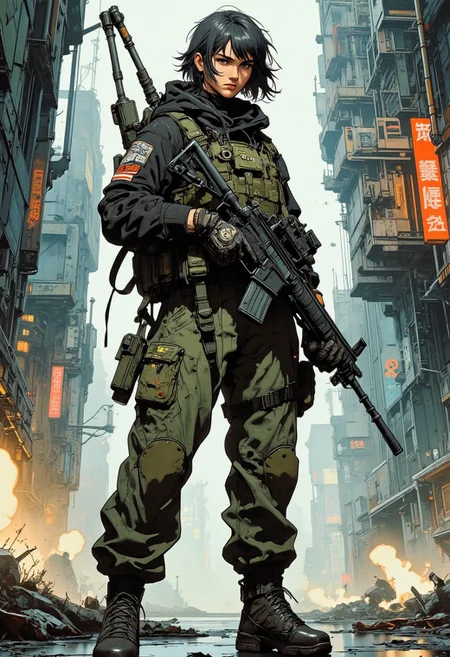 Full body short of young beautiful European female soldier with tanned skin and short dark hair wearing a black tactical sweater with straps and harnesses and green futuristic loose cargo pants and heavy black combat boots, she is holding a large futuristic assault rifle with both hands and a lot of guns strapped on her back, full body concept art, there is a futuristic dystopian city visible in background, cyberpunk