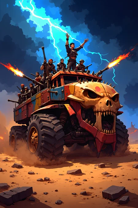 A monstrous, war-painted battle rig, covered in spikes, scavenged plating, and a massive, skull-faced ram, thunders across the desert, its massive wheels kicking up a hurricane of dust. A gang of raiders clings to its sides, their patchwork armor adorned with bones, chains, and neon war paint. A figure stands atop the rigâ€™s roof, arms outstretched, howling into the wind as lightning cracks behind him. The vehicle's mounted flamethrowers ignite, sending torrents of fire into the night. The destination is unknown, but wherever the Stormriders arrive, destruction follows. KNKstyle.<lora:KNKstyle_-_FLUX:0.5><lora:Dark_and_Colorful_FLUX_OT:0.4><lora:Videogame_Cartoon_Flux:0.4>