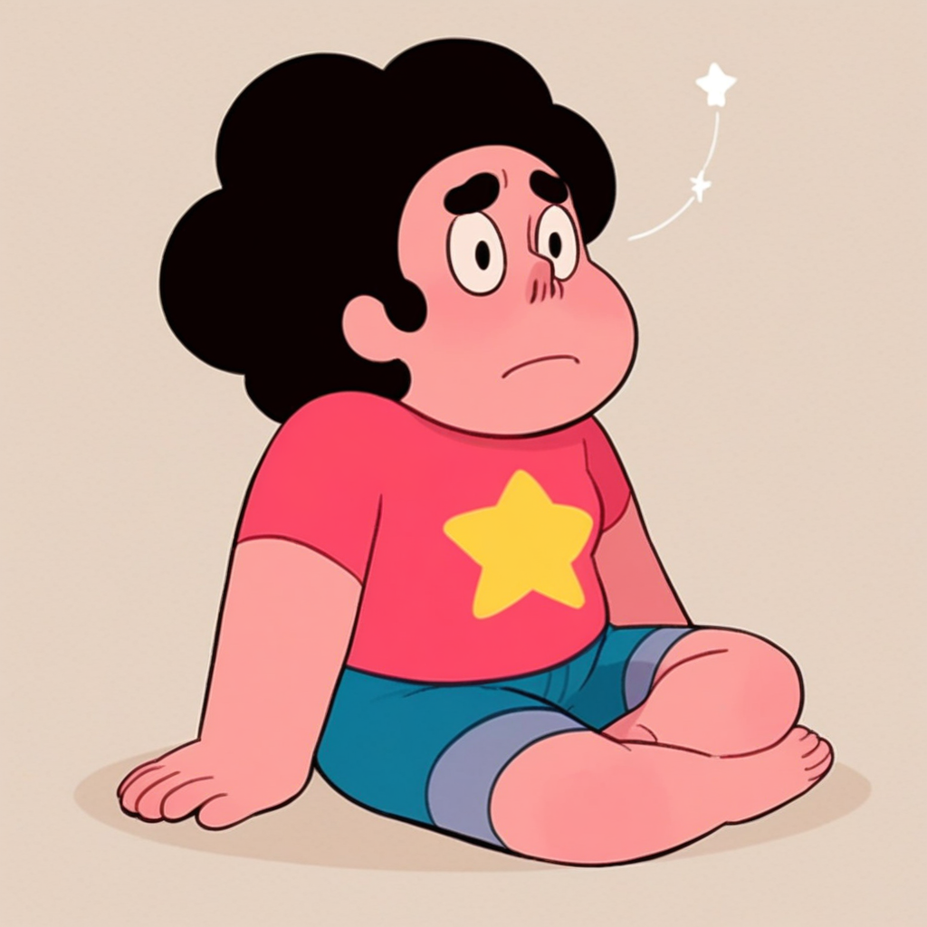 score_9, steven universe, black hair, shirt, star (symbol), sitting,