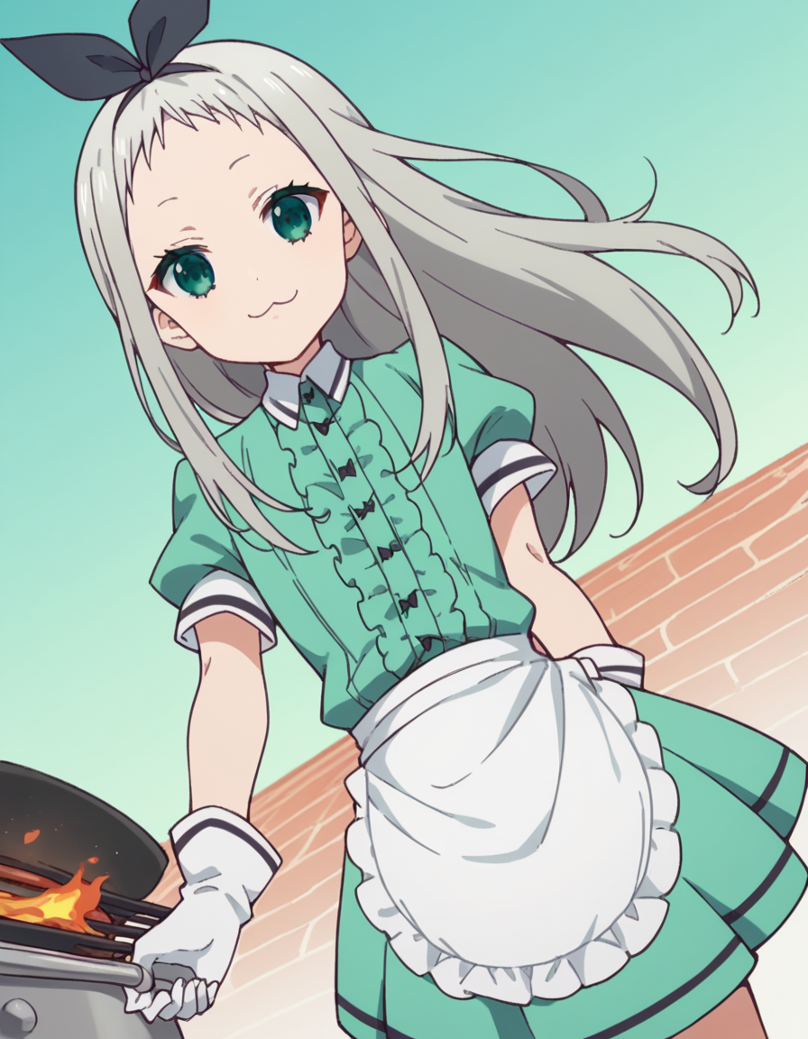 score_9, score_8_up, score_7_up, source_anime, <lora:hideri-kanzaki-s1-ponyxl-lora-nochekaiser:1>, hideri kanzaki, long hair, bow, green eyes, hair bow, grey hair, male focus, hairband, black hairband, otoko no ko, forehead,, gloves, dress, short sleeves, frills, puffy sleeves, white gloves, apron, puffy short sleeves, waist apron, white apron, frilled apron, waitress,, backyard, barbecue, grilling, laughter, summer evening, smile, looking at viewer, foot on tiptoe, hand behind back, elbow bent, solo,, cowboy shot, dutch angle