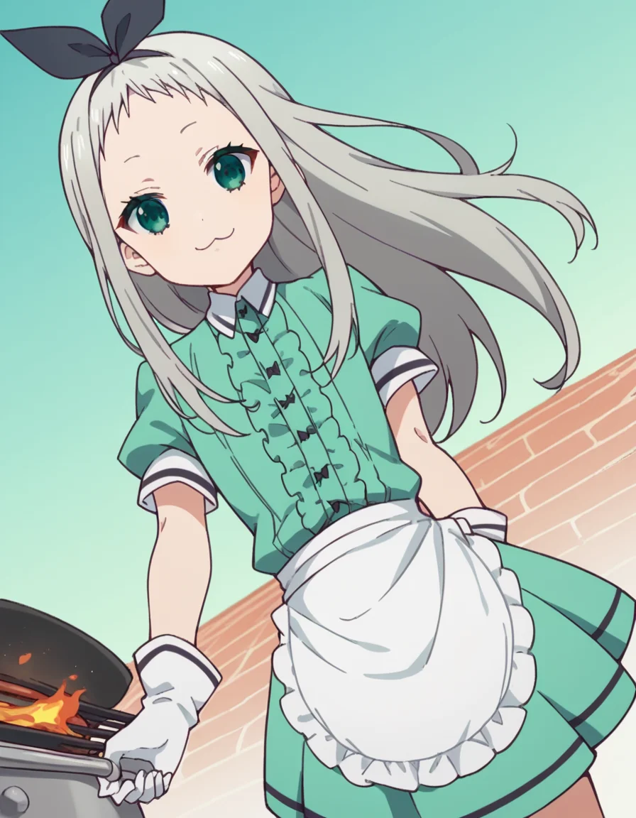 score_9, score_8_up, score_7_up, source_anime, <lora:hideri-kanzaki-s1-ponyxl-lora-nochekaiser:1>, hideri kanzaki, long hair, bow, green eyes, hair bow, grey hair, male focus, hairband, black hairband, otoko no ko, forehead,, gloves, dress, short sleeves, frills, puffy sleeves, white gloves, apron, puffy short sleeves, waist apron, white apron, frilled apron, waitress,, backyard, barbecue, grilling, laughter, summer evening, smile, looking at viewer, foot on tiptoe, hand behind back, elbow bent, solo,, cowboy shot, dutch angle