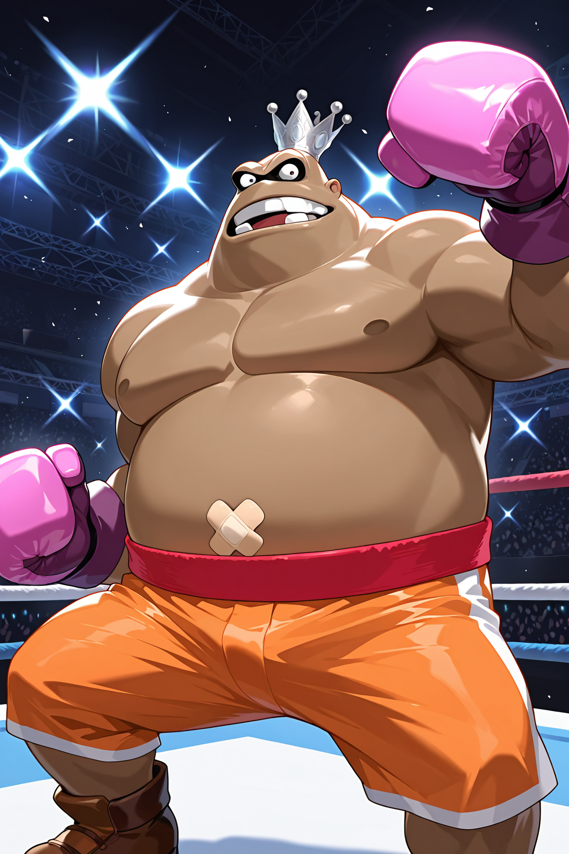 Score_9, score_8_up, score_7_up,result_9, result_8, result_7, masterpiece,solo.(Ultra best details), best quality, good binding quality,4k, ,1boy, 50lly2, (sharp focus, perfect_anatomy), detailes face, detailed skin, amazing quality, very aesthetic,highres, absurdres,  ,fighting ring, fight stance, frontal view, from front, looking_at_viewer,King_hippo,noseless, neckless, purple fight gloves,orange shorts,brown footwear,silver crown,dark circles around eyes,bandaid, red band on hip, big teeth
