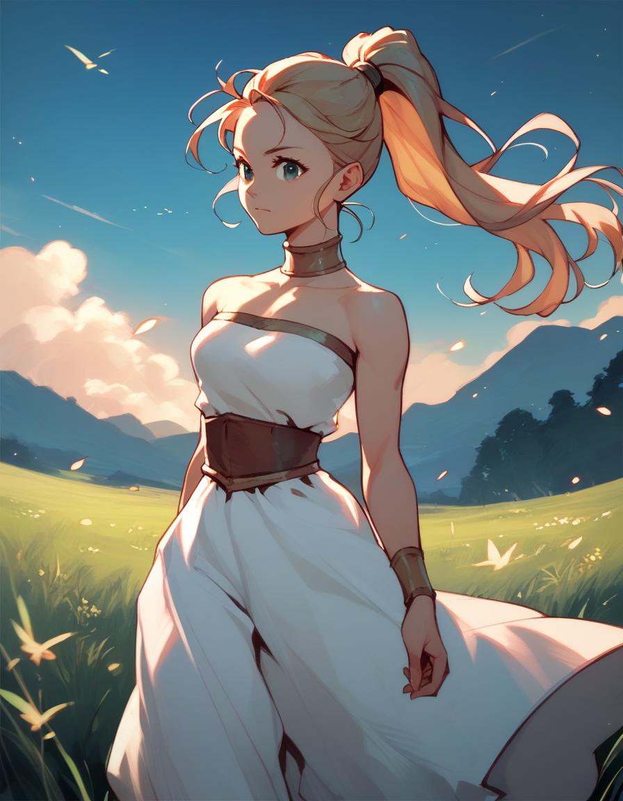 score_9, score_8_up, score_7_up, score_6_up, score_5_up, score_4_up
<lora:chrono-trigger-ponyxl-000027:1> marle, ponytail, strapless dress, white dress
1girl, solo, grass, looking at viewer, night, outdoors, sky, standing