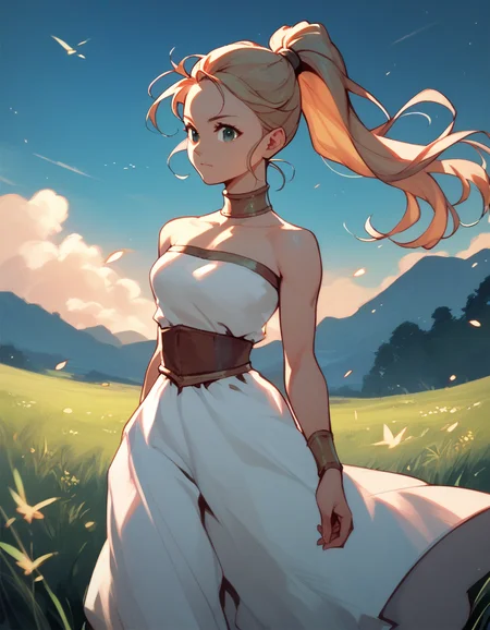 score_9, score_8_up, score_7_up, score_6_up, score_5_up, score_4_up
<lora:chrono-trigger-ponyxl-000027:1> marle, ponytail, strapless dress, white dress
1girl, solo, grass, looking at viewer, night, outdoors, sky, standing