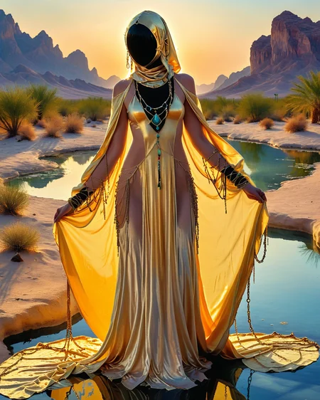hooded human sorcerer standing at an oasis, velvet, chains, captive beautiful princess, desert, water, reflections, nudity, golden hour, intense color, high contrast, <lora:add-detail-xl:1.0>,  <lora:xl_more_art-full_v1:0.4>,   <lora:XSfenlie:1> fenliexl,  <lora:lora:1>, realistic photo