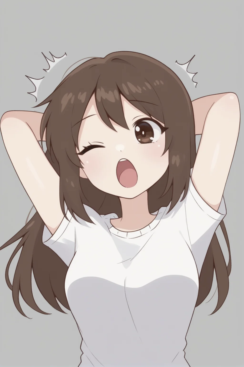 <lora:Emirichu:1> emirichu, long hair, brown hair, brown eyes, yawn, wink, one eye closed, arms up, arms behind head,, score_9, score_8_up, score_7_up,1girl,solo female, epic photograpy, extremely detailed, high quality, absurd res, high res, BREAK