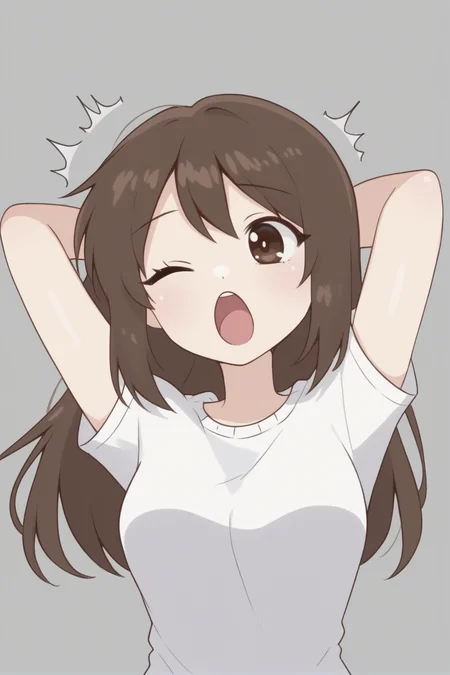 <lora:Emirichu:1> emirichu, long hair, brown hair, brown eyes, yawn, wink, one eye closed, arms up, arms behind head,, score_9, score_8_up, score_7_up,1girl,solo female, epic photograpy, extremely detailed, high quality, absurd res, high res, BREAK