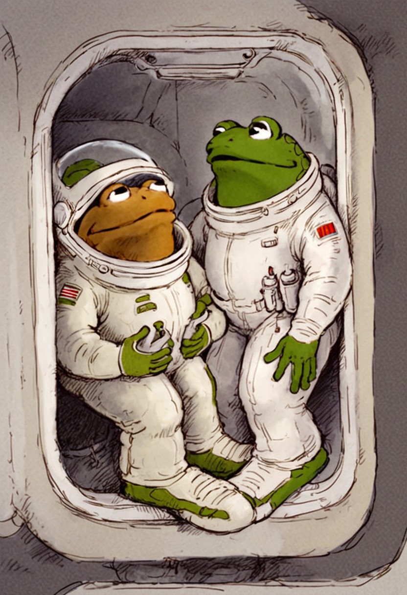 score_9, score_8_up, score_7_up, 2boys, frog and toad, wearing astronaut space suits, illustration by Lobel