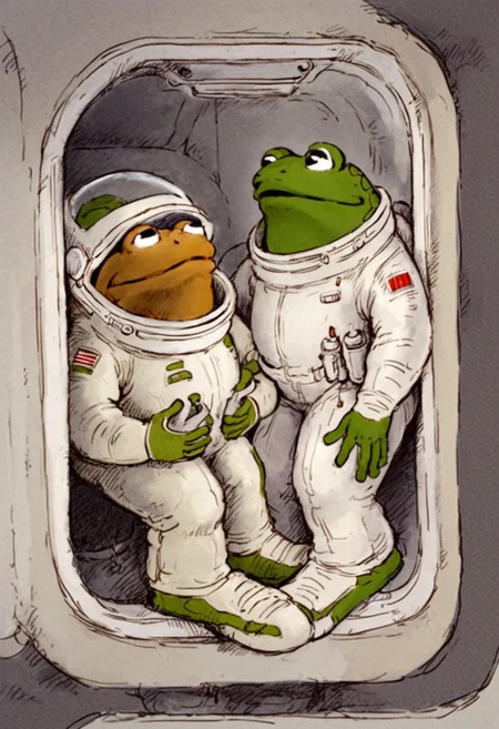 score_9, score_8_up, score_7_up, 2boys, frog and toad, wearing astronaut space suits, illustration by Lobel