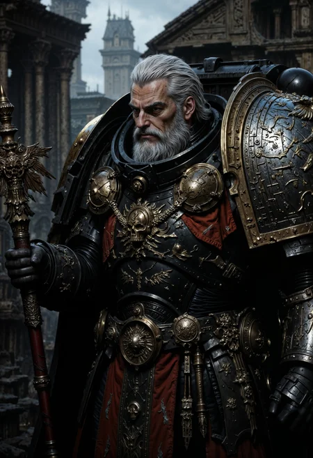 Highly detailed and realistic fantasy character in a dramatic shot. Epic cinematic depiction of a very old Paladin in full DeathW40K power armor. He is bearded and his hair is going grey. <lora:FluxDeathW40K:0.9> <lora:FluxMythP0rtr4itStyle:0.6> <lora:Elden_Ring_-_Yoshitaka_Amano:0.33> <lora:flux.1_lora_flyway_Epic-detail_v2:0.5>