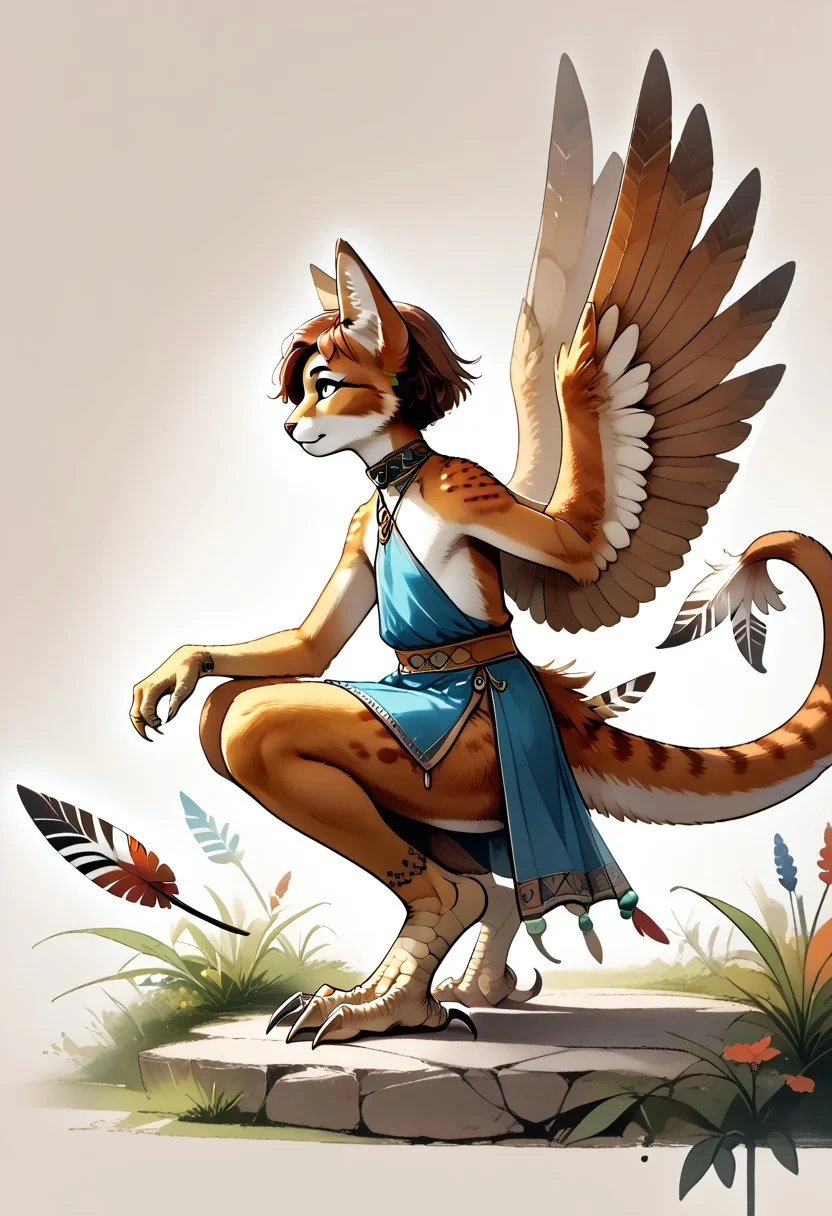 DarirStyle
full body, solo, score_9, score_8_up, score_7_up, 1 person, flat chest, no breasts, anthro, ((long toes, nimble toes, handfeet)):1.4, ((wing arms, wings only)):1.6, pelvic curtain skirt, feline features, feline nose, large ears, ((thick tail, tapering tail, feather tipped tail)), harpy:1.2, large wings, variety, digitigrade legs, crouching, side profile, rating: safe