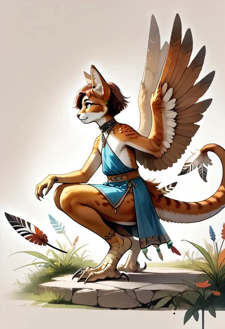 DarirStyle
full body, solo, score_9, score_8_up, score_7_up, 1 person, flat chest, no breasts, anthro, ((long toes, nimble toes, handfeet)):1.4, ((wing arms, wings only)):1.6, pelvic curtain skirt, feline features, feline nose, large ears, ((thick tail, tapering tail, feather tipped tail)), harpy:1.2, large wings, variety, digitigrade legs, crouching, side profile, rating: safe