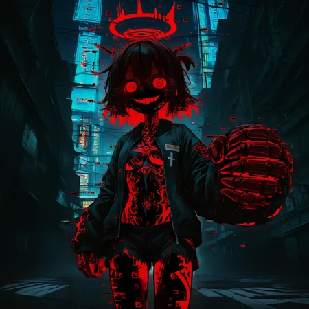 anime,<lora:StS_IllustXL_Breast_Size_Slider_v1.0:-0>,<lora:Nipple Size Slider_ILXL:-1>,<lora:SkindentationIL3.4:0>,<lora:StS_Age_Slider_Illustrious_v1:1>,<lora:DarkSlider1.2_alpha1.0_rank16_full_300steps:-0.5>,1girl,medium breasts,neon,glowing eyes,outdoors,city,night,<lora:ç»ªå¿ åæ¶æå¾å
影质æå¢å¼ºV3:1>,xuer guangying,<lora:114558v4df2fsdf5:1>,15546+456868,(glowing),dark vermilion aura,glitch,(glowing body markings, ),empty eyes,shorts,underboob,evil grin,<lora:Crazy_Btch_-_Psychopath_expression:0.5>,psych0path,long sleeves,twist updo,dilated pupils,<lora:cuteedgySlider2_alpha16.0_rank32_full_1100steps:1>,amber eyes,<lora:trippyslider2_alpha16.0_rank32_full_1100steps:1>,gauntlets,giant fists,halo,jacket,bomber jacket,