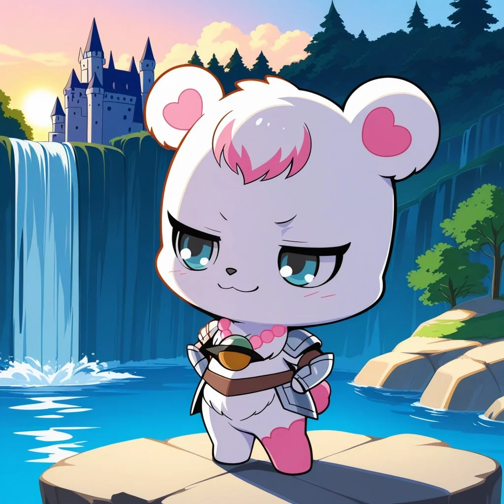 score_9, score_8_up, score_7_up, score_6_up, score_5_up,
best quality, masterpiece, smirks, Full Body, Romantic, Small Body, Furry, looking_pleasured, labrajp, chibi, feral, multicolored hair, pink tail, tufted fur, furry, one pink leg, necklace, bear, castle, waterfall, knight armor, sword, looking at sky, sun rise,